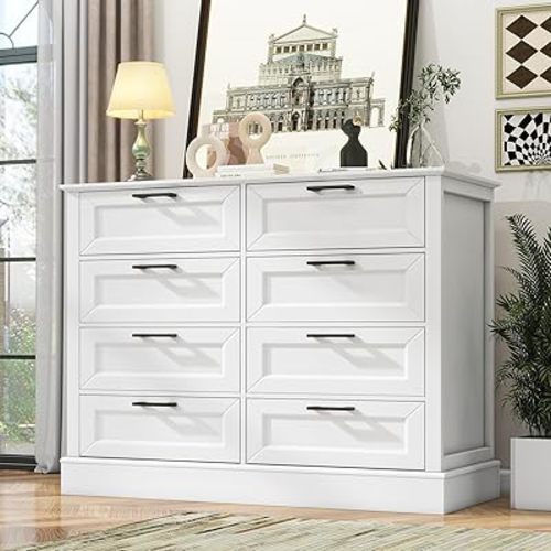 White Dresser for Bedroom, Wood Dresser with 8 Drawers, Chest of Drawer for Bedroom Living Room Entryway Hallway, Modern Farmhouse Style