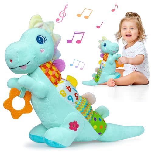 Baby Dino Plush Soft Stuffed Animal Toy for 0-3-6-12+ Months,Infant Musical Toy with Rattle,Squeaker,Sensory Crinkle,Teether & Textures,Tummy Time Toys Christmas Baby Gift for Newborn Girl Boy (Blue)