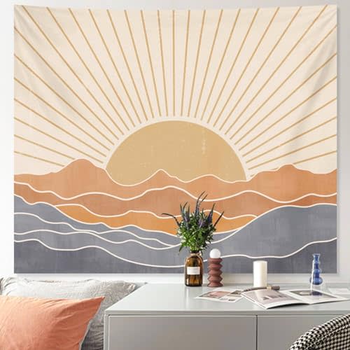 Boho Tapestry Wall Hanging for Bedroom Aesthetic, Bohemian Vintage 70s Rainbow Sun Tapestries for Living Room, Retro Hippie Sunset Sea Wall Tapestry for Dorm Room Decor (60" X 79")