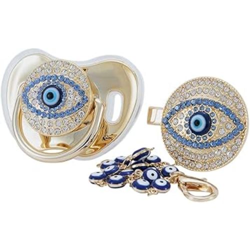Lovely Evil Eye Gold Silver Pacifier and Clip Set BPA Free Safe Unique Design Luxurious Dummy Ideal Gift for Baby Show New Born