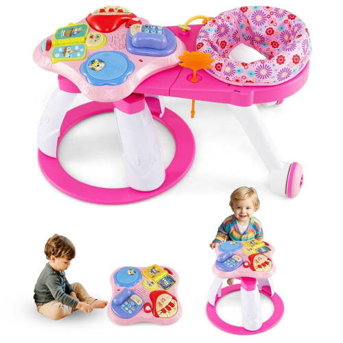 OLAKIDS 3 in 1 Walk Around Baby Activity Center, Baby Walker with Play Table, Wheels, Detachable Seat Cushion, 3 Adjustable Heights, Learning Toys for Boys Girls Aged 6-36 Months