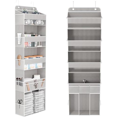 Over The Door Organizer, Hanging Door Organizer with 5 Large Pockets, Large Capacity Caddy, 10 Side Pockets, Back of Door for Bedroom Bathroom Dorm Decor, Grey
