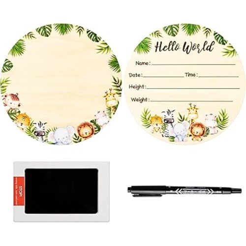 R HORSE Baby Birth Announcement Sign with Marker Pen, Safari Animals Baby Name Sign with Ink Pad for Hand and Footprints, Wooden Hello World Newborn Announcement Nursery Decor Keepsake Gifts