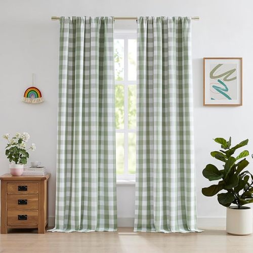 84 Inch Sage Green Buffalo Plaid Full Blackout Curtains,Farmhouse Living Room Bedroom Panels,Darkening Thermal Insulated Double-Layer Drapes,Rod Pocket Back Tabs,40" Wx84 Lx2