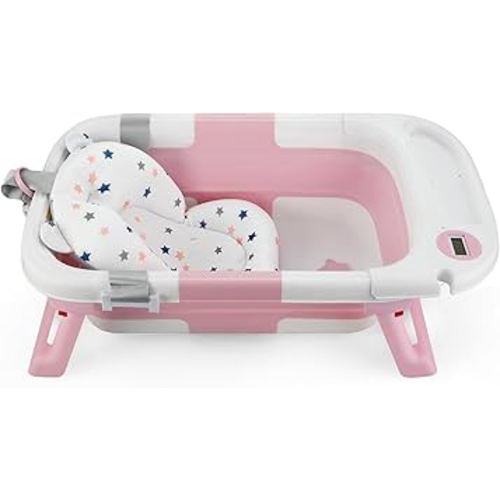 PandaEar Baby Bathtub for Newborn Infant, Collapsible Baby Infant Bath Tub Toddler Travel Bathtub with Soft Cushion & Drain Hole for Toddler 0-24 Months (Pink)