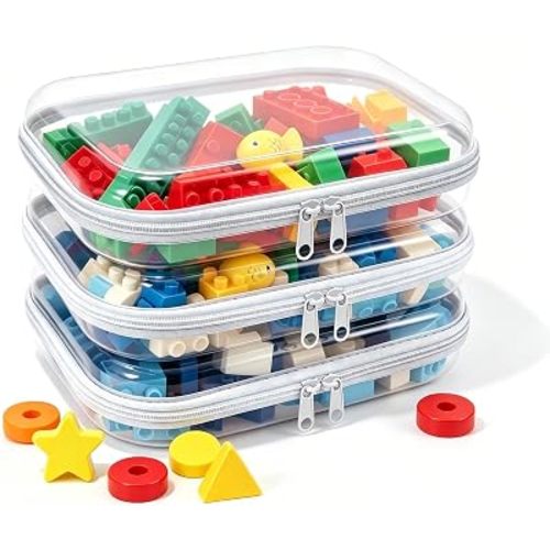 Clear Hard Plastic Zipper Case,Transparent Double Zippers Hard Pouch with 3pcs,Portable Travel Organizer Bin for Toy Storage