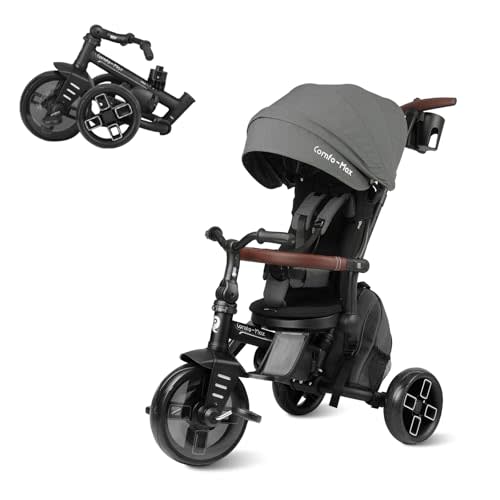 Toddler Bike Stroller for Baby 10 Months to 6 Years Old, 8-in-1 Foldable Stroller Bike for Toddlers 3-5 Boys & Girls Gifts Trike — Adjustable Handle, Triple Footrest, Canopy & Storage Bag (Grey)