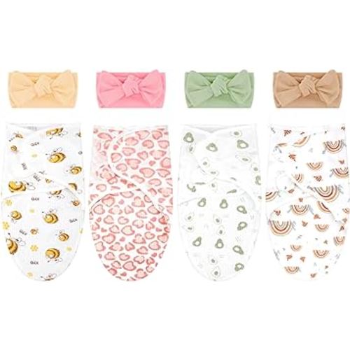 4 Pack Newborn Preemie Swaddle with Headband Set Premature Swaddle Blanket Baby Clothes for Nicu Newborn Boys Girls(Preemie,Bow Style)