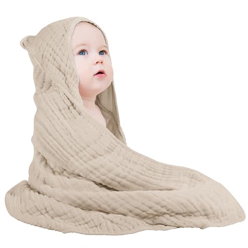Yoofoss Hooded Baby Towels for Newborn 100% Muslin Cotton Baby Bath Towel with Hood for Babies, Infant, Toddler and Kids, Large 32x32Inch, Soft and Absorbent Newborn Essential,Apricot