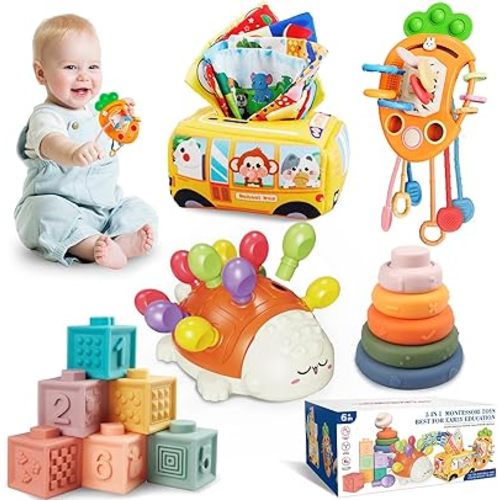 Montessori Toys for Babies 6 to 12 Months, Baby Toys Sensory for Toddlers 1-3, Fine Motor, Pull String, Stacking Blocks Rings, Baby Tissue Box 5 in 1 Infants Learning