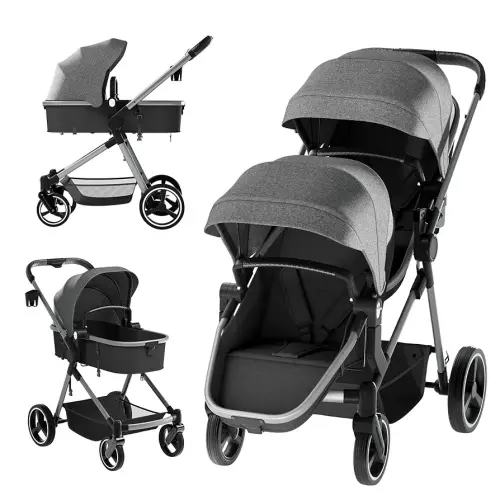 Double Stroller for Twins and Toddlers, Lightweight Aluminum Foldable Twin Stroller with Adjustable Backrest, Reversible Seat, 5-Point Harness, Storage Basket, Grey