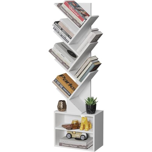 SUNMORY 6 Tier Tree Bookshelf, Tall Bookcase with Storage Cabinet, Modern Narrow Bookshelves Organizer, Floor Standing Book Shelf for Bedroom/Living Room/Home Office/Corner, White