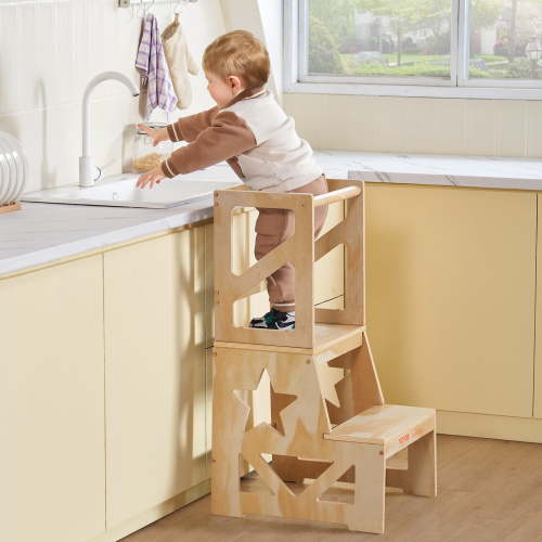Free Shipping! SKYSHALO Kids Toddler Step Stool, 3-Level Height Adjustable Toddler Standing Tower for Kids, 150LBS Loading Toddler Kitchen Stool Helper with Safety Rail, Bamboo Tower Learning Stool
