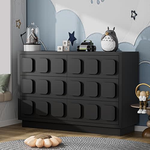 Anbuy Black Baby Dresser for Bedroom, Dresser for Baby with 6 Drawers, Storage and Organization Unit with Square Handles for Nursery, Kids Bedroom
