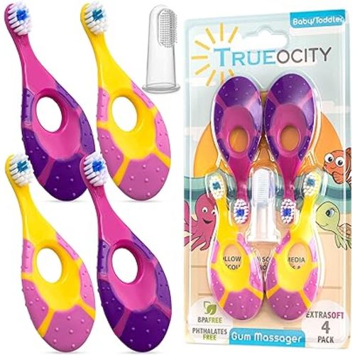 Trueocity Infant Toothbrush Set for Oral Care (12 Months+) – Soft Bristles, Small Brush Head, Easy-Grip Handle – 4-Pack (Pink & Purple)