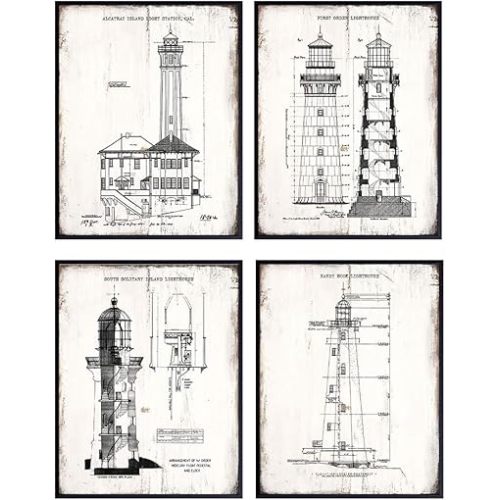 Historic Lighthouse Patent Print Wall Art - 8x10 Vintage Photograph Set for Beach Home, Living Room, Bedroom Decor - Unique Gift for Ocean, Sea Nautical Fans - Rustic Retro Shabby Chic Poster Photo