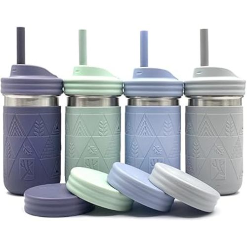 Elk and Friends Stainless Steel Cups |14 oz Mason Jar design | Kids & Toddler Cups with Silicone Sleeves & Straws with Stopper | Smoothie Cups | Dishwasher Safe