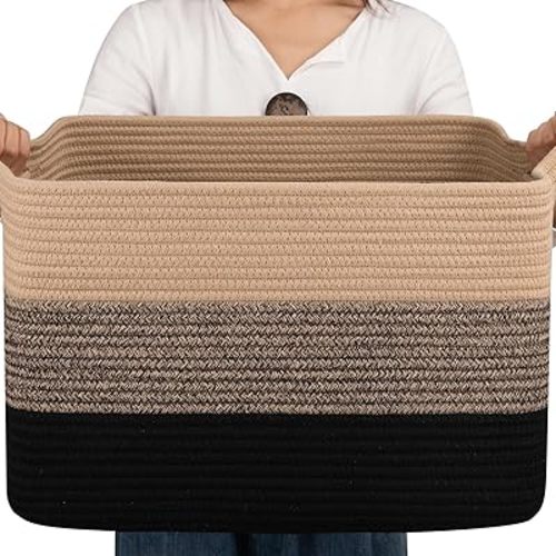 OIAHOMY Cotton Rope Basket, Rectangle Woven Baskets for Storage, Nursery Blanket Basket Living Room, Toy Basket With Handle, Baskets for Organizing-17.7”x13.8”x11”-Yellow Black
