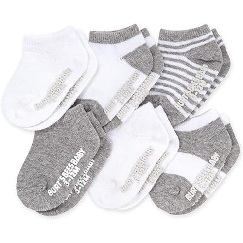 Burt's Bees Baby Baby Socks, 6-Pack Ankle Or Crew with Non-Slip Grips, Made with Organic Cotton - 0-3 Months - Heather Grey Multi
