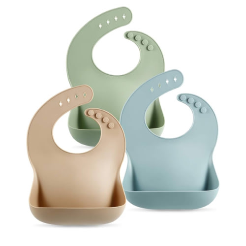 PandaEar Set of 3 Silicone Baby Bibs Waterproof, Soft, Unisex, 10-72 Months (Brown/Blue/Green)
