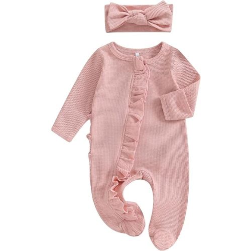 Ayalinggo Newborn Baby Girl Fall Winter Outfits Clothes Knit Jumpsuit Ruffle Romper Newborn Coming Home Outfit for Baby Girl - Mitten Cuff Jumpsuit Pink