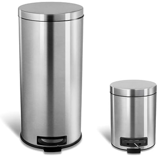 13 Gal & 1Gal Step-On Round Stainless Steel Trash Can, Non-Skid Base, Soft Close Lid, Removable Bucket Liners, Suitable for Kitchen,Office, Living Room or Bathroom. Silver, 2-Piece