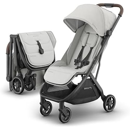 UPPAbaby Minu V3 Travel Stroller | Lightweight + Compact Design | One-Hand Fold + Unfold | from Birth + Overhead Compatible | Savannah (Pearl Gray Mélange/Carbon Frame/Chestnut Leather)