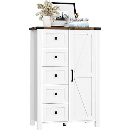 Farmhouse Dresser Storage Cabinet Chest of Drawer for Bedroom, 5 Drawer Dresser with Barn Door, 48 Inch Tall White Wood Dresser, Adjustable Shelves, Rustic, for Living Room, Entryway, Hallway