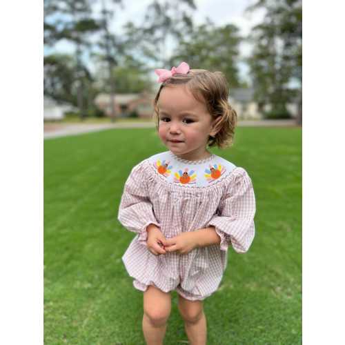Turkey Smocked Bubble for Thanksgiving - Tan and Pink, Matching sibling options, Long Sleeve Bubble Romper, Baby Girl, Heirloom, 641