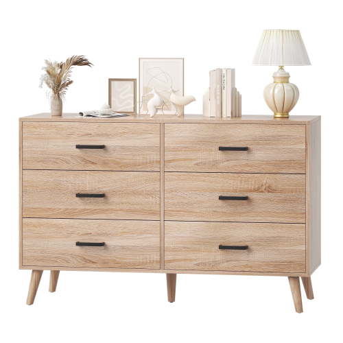 Meteorleg Modern 6 Drawer Dresser, Black Oak, Wide Drawers, Metal Handles, Bedroom, Living Room, Entryway