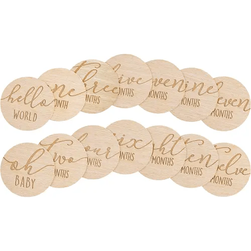 Pearhead Wooden Monthly Milestone Photo Cards, Baby Announcement Cards, Pregnancy Journey Milestone Markers, 7 Double Sided Photo Prop Milestone Discs, Light Wood