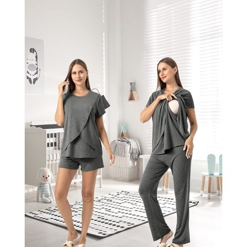Rnxrbb 3 Piece Postpartum Nursing Pajamas Set Casual Soft Maternity Breastfeeding Pjs Sleepwear Loungewear Clothes Layer - Large - Deep Gray