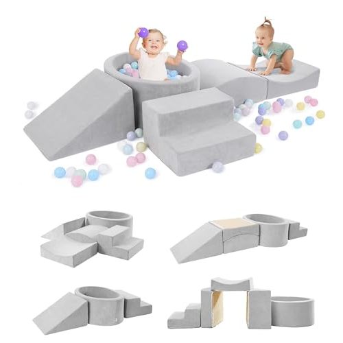 Elftopia Foam Climbing Blocks with Ball Pit Designed for Toddlers Aged 1-3 -Great for Indoor Crawling, Inside Foam Playground Set for Little Ones to Active Playing -(Balls NOT Included) Grey