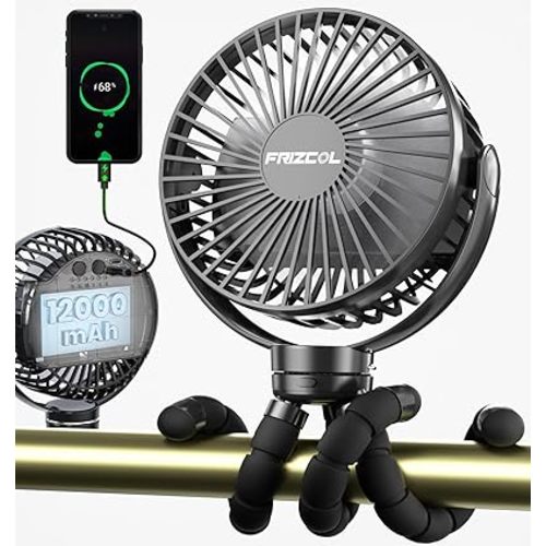 FRIZCOL Portable Stroller Fan, Use As Power Bank, 65H 12000mAh Battery Operated Fan Flexible Tripod Baby Car Seat Fans with Timming, Personal Mini Handheld/Desk/Small Clip On Fans For Stroller