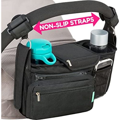 Non-Slip Stroller Organizer With Cup Holders, Exclusive Straps Grip Handlebar. Universal Fit For Uppababy Vista Cruz Nuna Baby Jogger Bob Britax Bugaboo Graco Stroller Accessories Caddy Parent Console