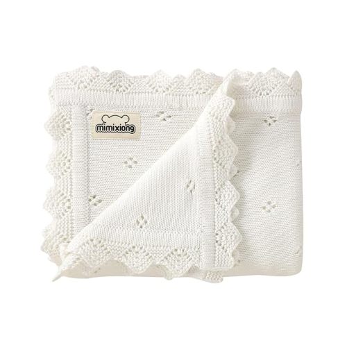 mimixiong Cotton Baby Blanket Knitted Crochet Receiving Crib Nursery Swaddling Blankets for Newborn Baby Boy Girl Off White 30x40 Inch