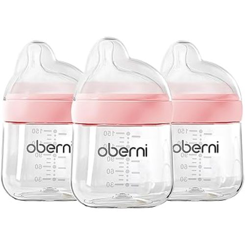 Oberni Baby Bottles with Slow Off-Centered Nipple for 0+ Months, Anti Colic Newborn Milk Feeding Bottle, 150ml/5oz/Pink/3Pack