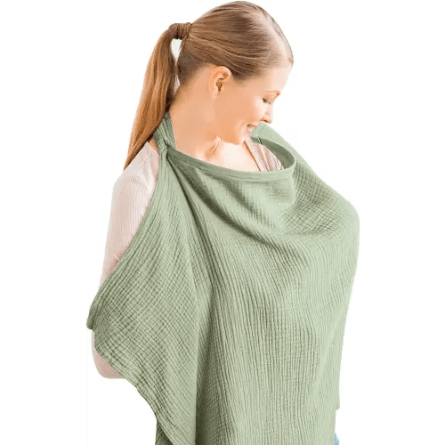 Konssy Muslin Nursing Cover for Baby Breastfeeding, Breathable 100% Cotton Breastfeeding Cover with Rigid Hoop for Mother Nursing Apron, Multi-use Carseat Canopy (Sage)