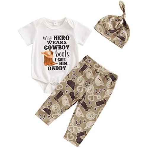SAYOO Western Newborn Baby Boys Cowboy Outfits Cow Print Letter Bodysuit+Long Leggings+Cap 3pcs Infant Boy Country Clothes