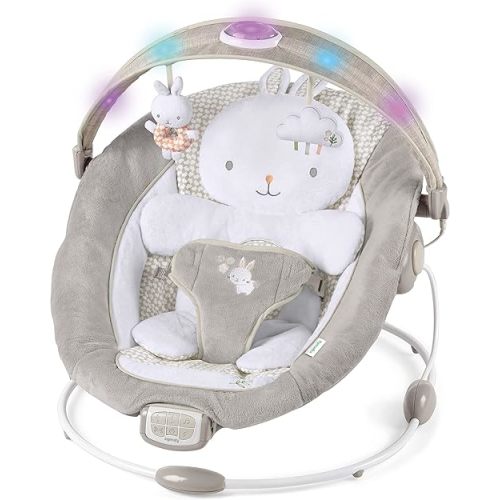 Ingenuity InLighten Baby Bouncer Infant Seat with Light Up -Toy Bar, Vibrations, Tummy Time Pillow & Sounds, 0-6 Months Up to 20 lbs (Twinkle Tails Bunny)