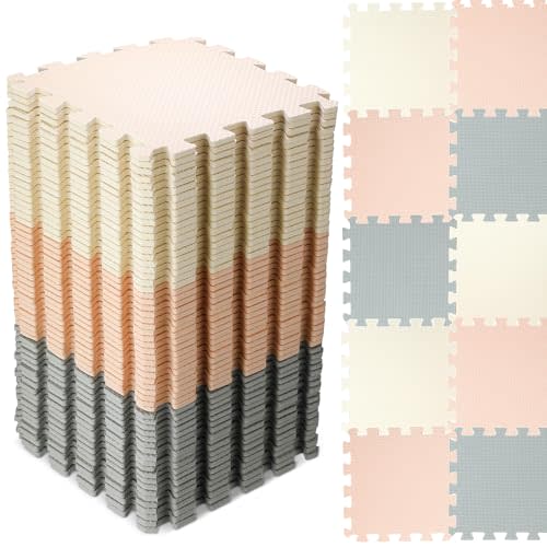 Nuanchu 60 Pcs Kids Foam Puzzle Floor Mat Bulk Solid Color Foam Play Mat with Borders Interlocking Multi Use Floor Rug for Baby Toddler Children Crawling Exercise Playroom 12 inch (White, Cream, Gray)