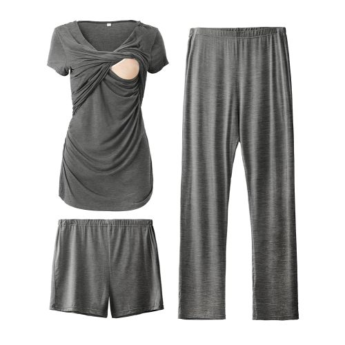 SUNNYBUY Women's Maternity Postpartum Pajamas Set, Breastfeeding Tops,Adjustable Pregnancy Shorts & Pants 3 Piece Nursing PJS