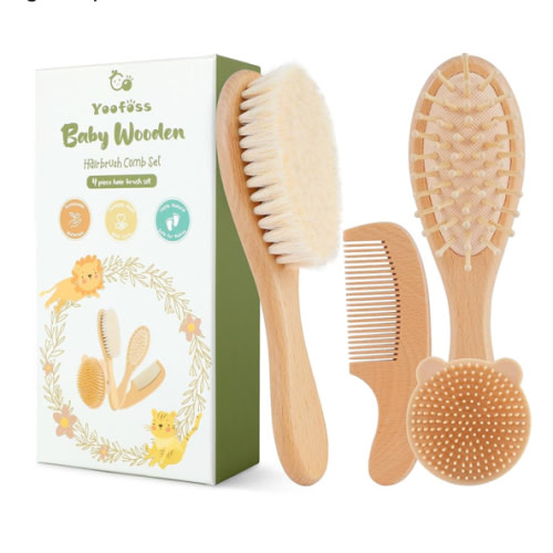 Yoofoss 4 Piece Baby Brush and Comb Set, Wooden Baby Brush with Natural Ultra Soft Goat Hair, Baby Hair Brush for Newborn, Baby Brush Set for Boy Girl