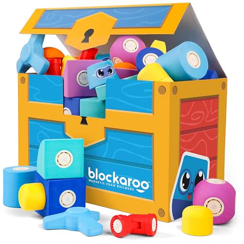 Blockaroo Magnetic Foam Building Blocks 50-Piece Trunk Set for Toddlers | Soft Magnetic Foam Blocks, 360-Degree Rotation, Storage Trunk, Floating Bath Toy, Sensory Play, Dishwasher Safe, Ages 3-5