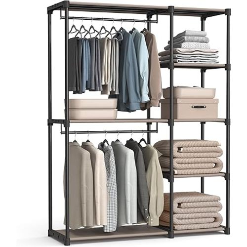 SONGMICS Portable Closet, Freestanding Closet Organizer, Clothes Rack with Shelves, Hanging Rods, Storage Organizer, for Cloakroom, Bedroom, 48.8 x 16.9 x 71.7 Inches, Taupe URYG026R02