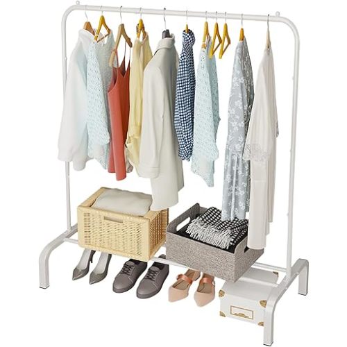 JIUYOTREE Metal Clothing Rack, 43.3 Inches Clothes Garment Coat Rack with Bottom Shelf for Hanging Skirts, Shirts, Sweaters, White