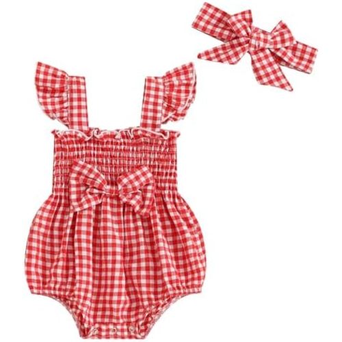 Infant Baby Newborn Girl Summer Romper Flying Sleeve Plaid Print U-neck One Piece Clothes Set With Headband 0-18M
