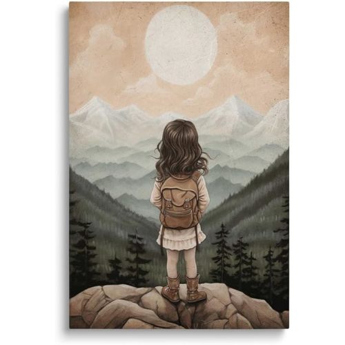 SKYSUKEY Baby Girl Adventure Nursery Wall Decor, Kids Outdoor Wall Art, Watercolor Mountain Landscape Wall Art for Gilrl's Room, Woodland Nursery Decor, Framed Canvas, 12"x16"
