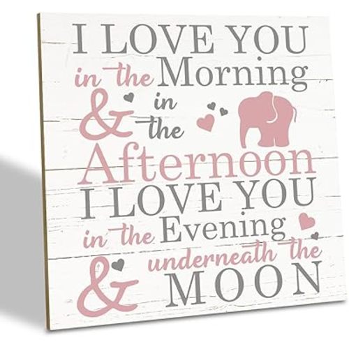 Love Sign, Wood Plaque Table Art Sign 6.2 * 6.2inch, Elephant Wood Sign for Nursery, Decoration for Baby Girls Room, Daughter's Room Decor, I Love You in the Morning Afternoon Evening & Moon D