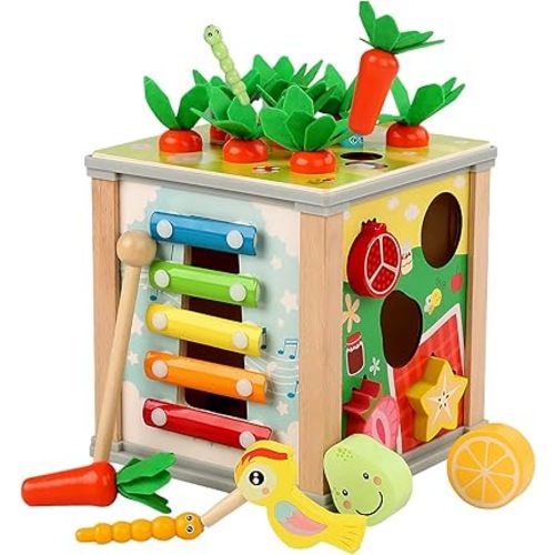 Wooden Activity Cube Toddler Toys, 6 in 1 Montessori Toys for 12+ Months Babies, Education Learning Baby Toys with Xylophone, Carrot Harvest ,First Birthday Gift for 1 2 Year Old Boys Girls